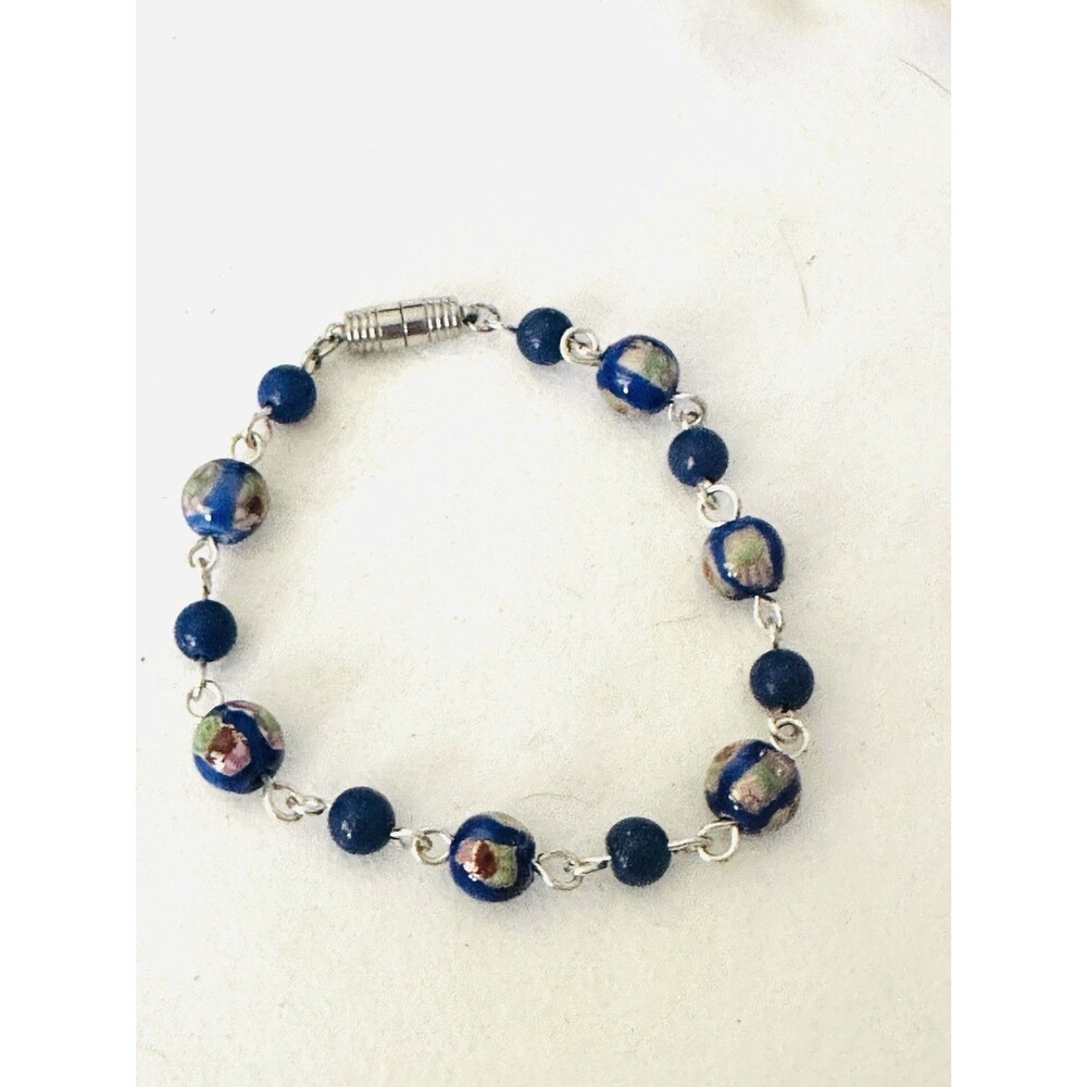 Handmade Blue Lampwork Glass Bead Bracelet Magnetic Clasp Silver Tone 7.5”